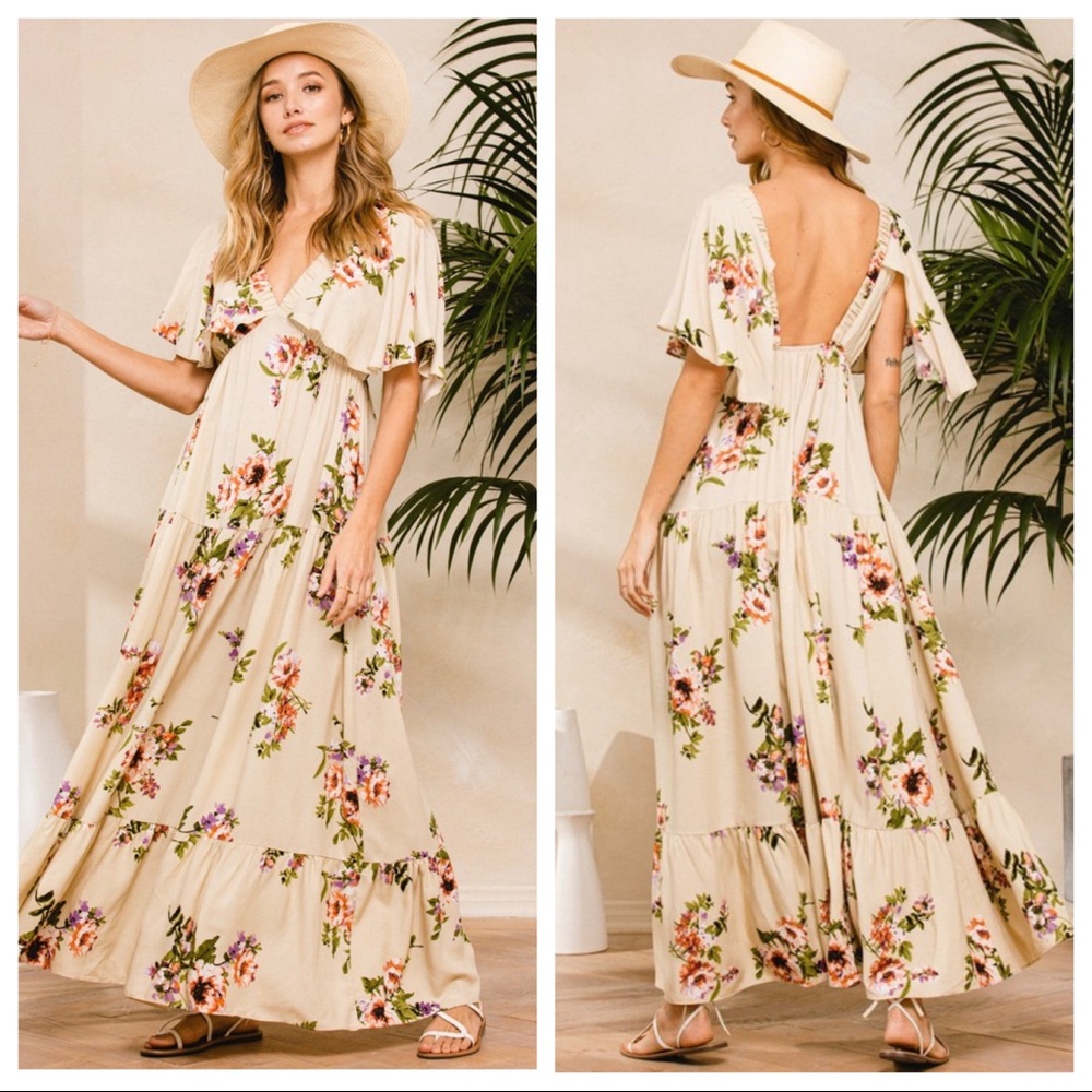 Most Fabulous Boho Chic Floral Flutter Sleeve V Neck Long Tier Maxi Dress